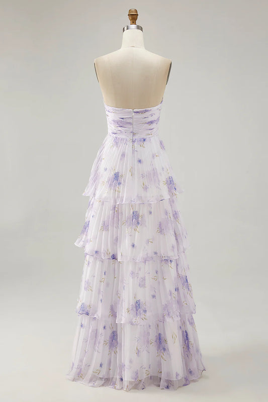 Lavender Flower A-line Strapless Pleated Tiered Long Bridesmaid Dress