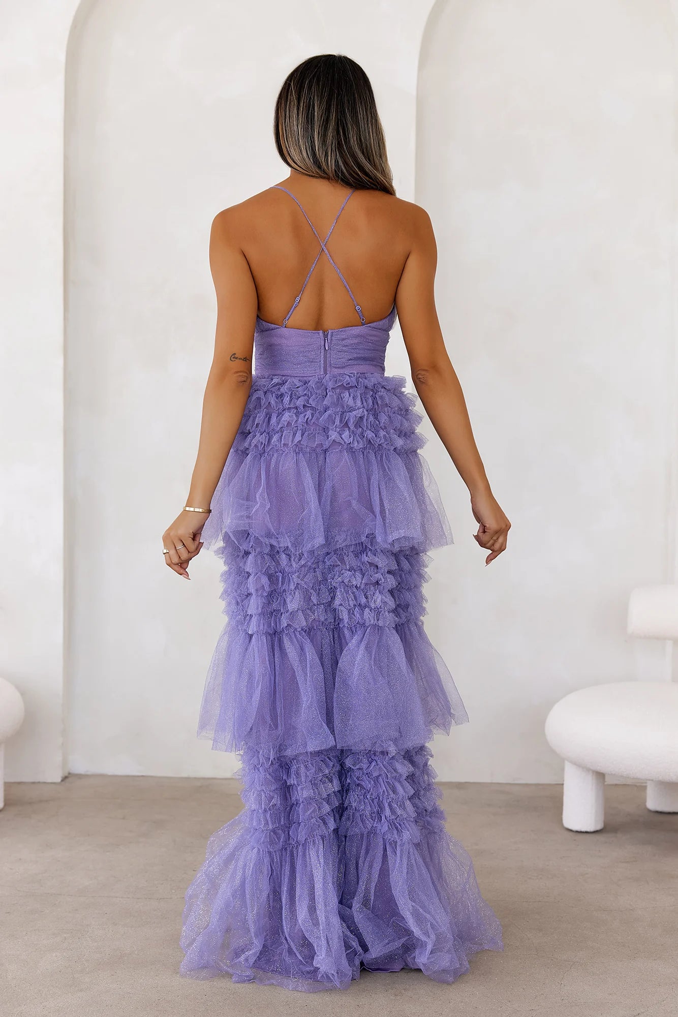 Lavender Glitter Tiered Ruffle Tulle Maxi Evening Dresses
