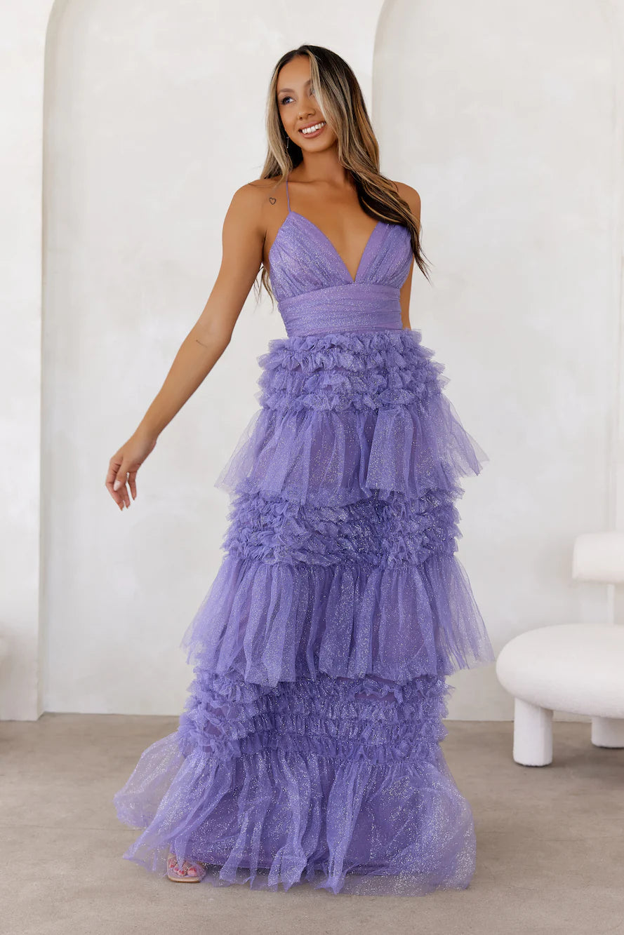 Lavender Glitter Tiered Ruffle Tulle Maxi Evening Dresses