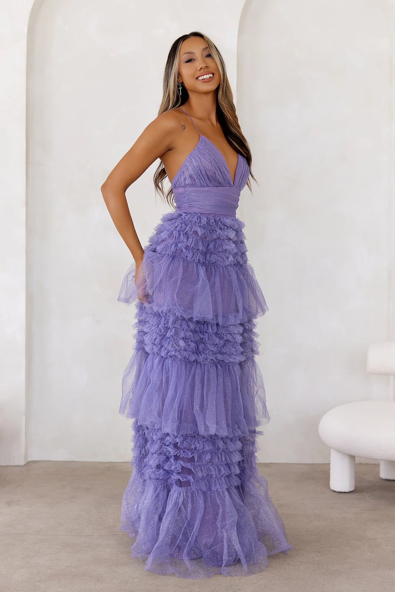 Lavender Glitter Tiered Ruffle Tulle Maxi Evening Dresses