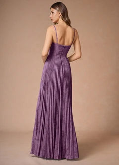 Lavender Jacquard Sweetheart Neck Pleated High Slit Maxi Evening Dresses