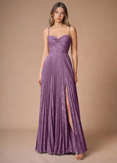 Lavender Jacquard Sweetheart Neck Pleated High Slit Maxi Evening Dresses