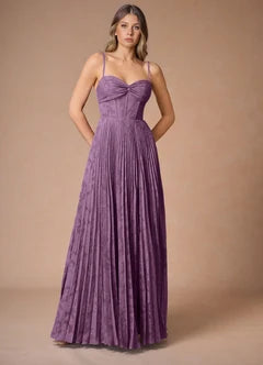 Lavender Jacquard Sweetheart Neck Pleated High Slit Maxi Evening Dresses