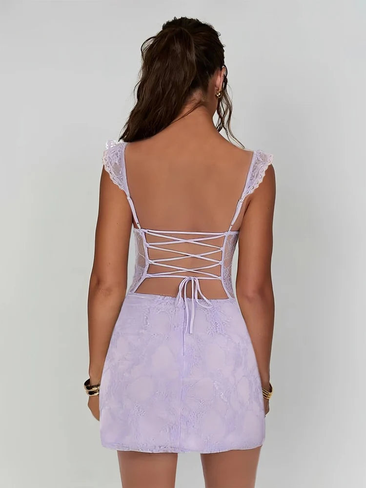 Lavender Lace Ruffle Strap Lace-Up Back Bodycon Mini Evening Dresses