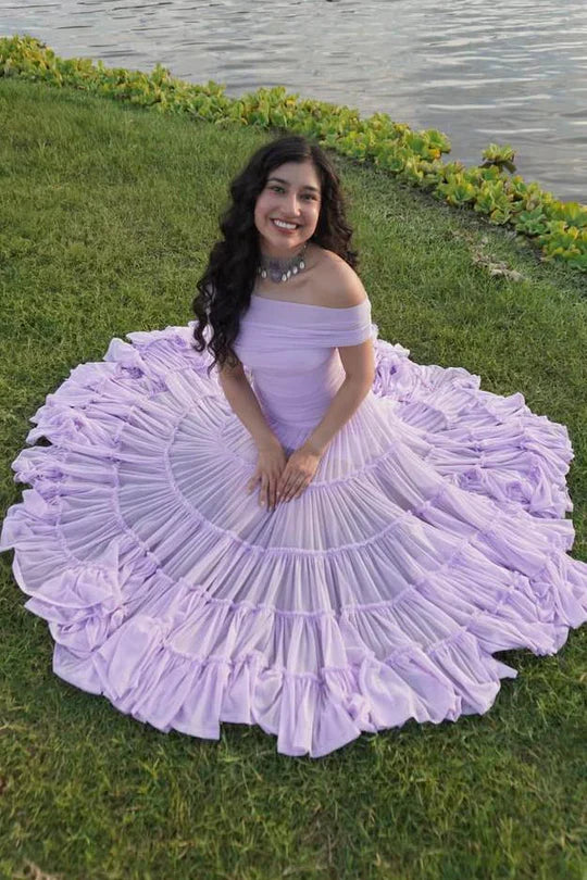 Lavender Off-Shoulder Tiered Ruffle Maxi Prom Dress with Circular Skirt