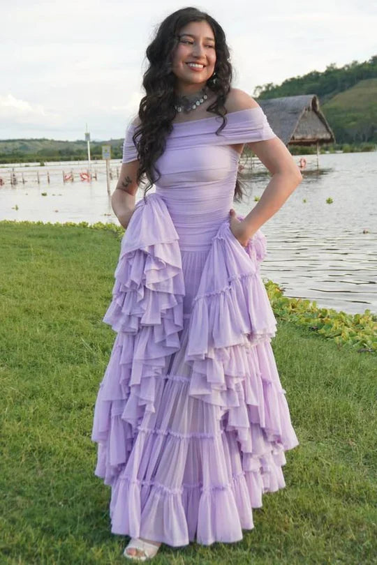 Lavender Off-Shoulder Tiered Ruffle Maxi Prom Dress with Circular Skirt