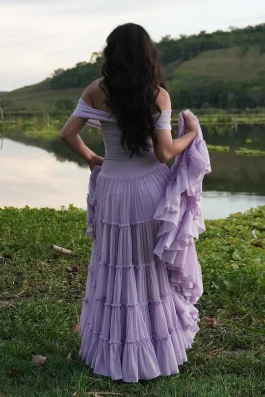 Lavender Off-Shoulder Tiered Ruffle Maxi Prom Dress with Circular Skirt
