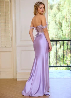 Lavender Off-the-Shoulder Lace Applique Corset Mermaid Evening Dresses