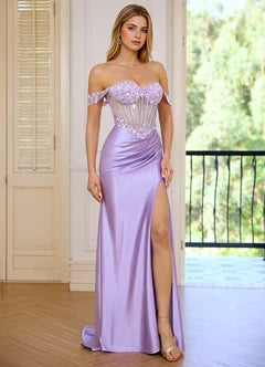 Lavender Off-the-Shoulder Lace Applique Corset Mermaid Evening Dresses