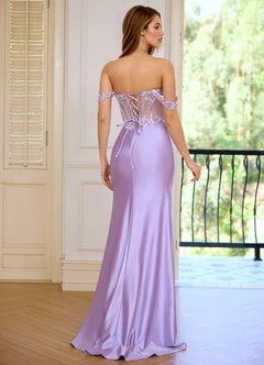 Lavender Off-the-Shoulder Lace Applique Corset Mermaid Evening Dresses