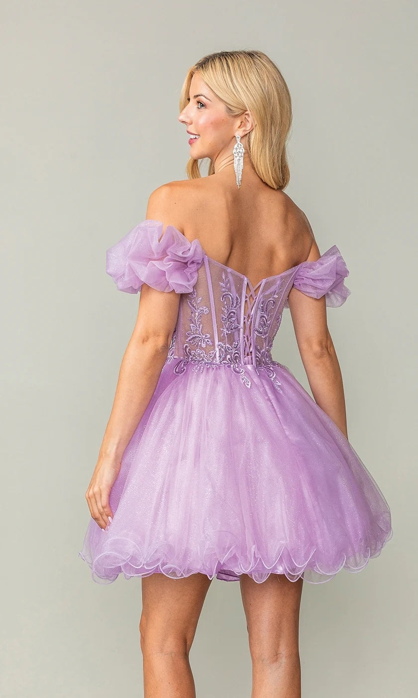Lavender Off-the-Shoulder Puff Sleeve Glitter Tulle Corset Mini Evening Dresses