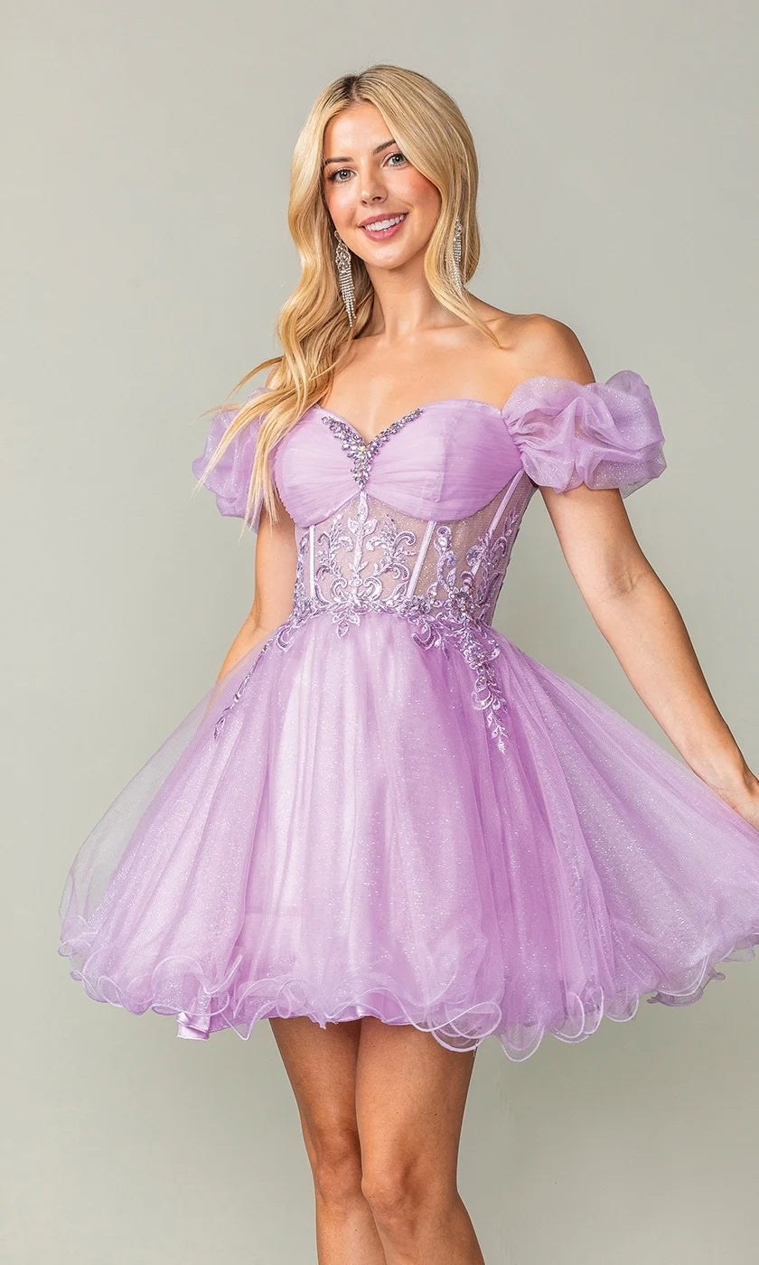 Lavender Off-the-Shoulder Puff Sleeve Glitter Tulle Corset Mini Evening Dresses