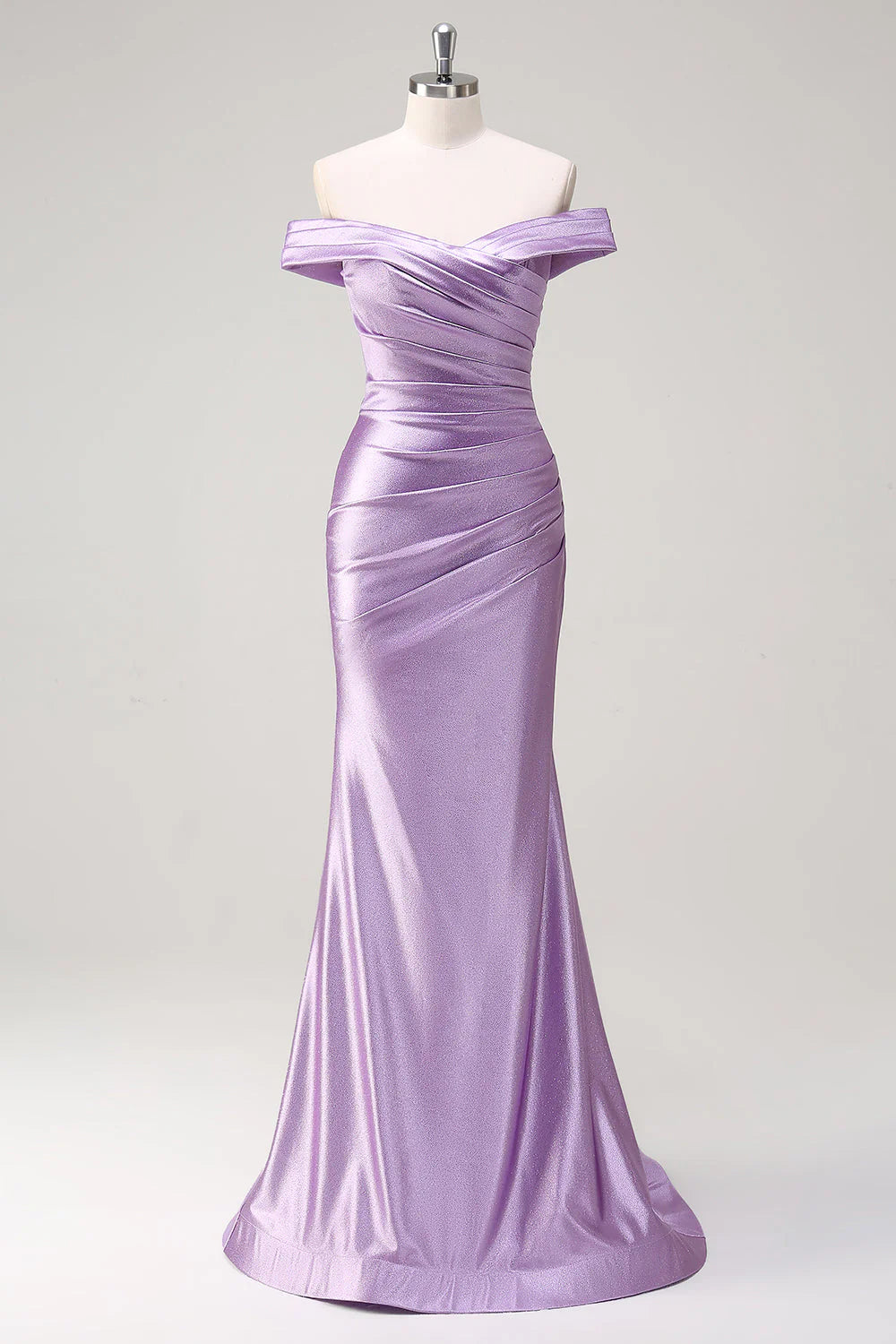 Lavender Off-the-Shoulder Ruched Satin Mermaid Evening Dresses