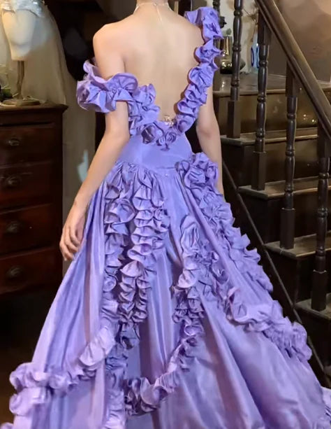 Lavender One-Shoulder 3D Ruffle Backless Satin Ball Gown Evening Dresses