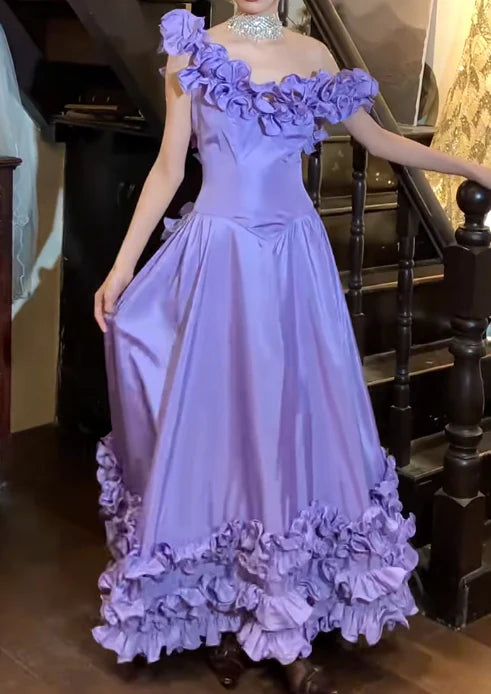 Lavender One-Shoulder 3D Ruffle Backless Satin Ball Gown Evening Dresses