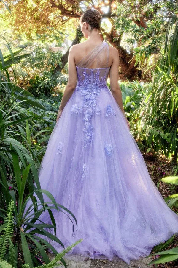Lavender One-Shoulder Floral Lace Tulle A-Line Evening Dress