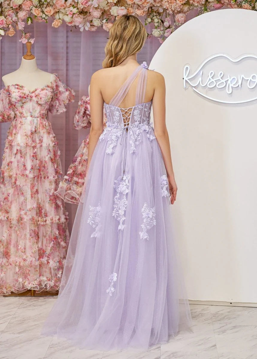 Lavender One Shoulder 3D Flower Applique Lace Up Back Tulle Maxi Evening Dresses