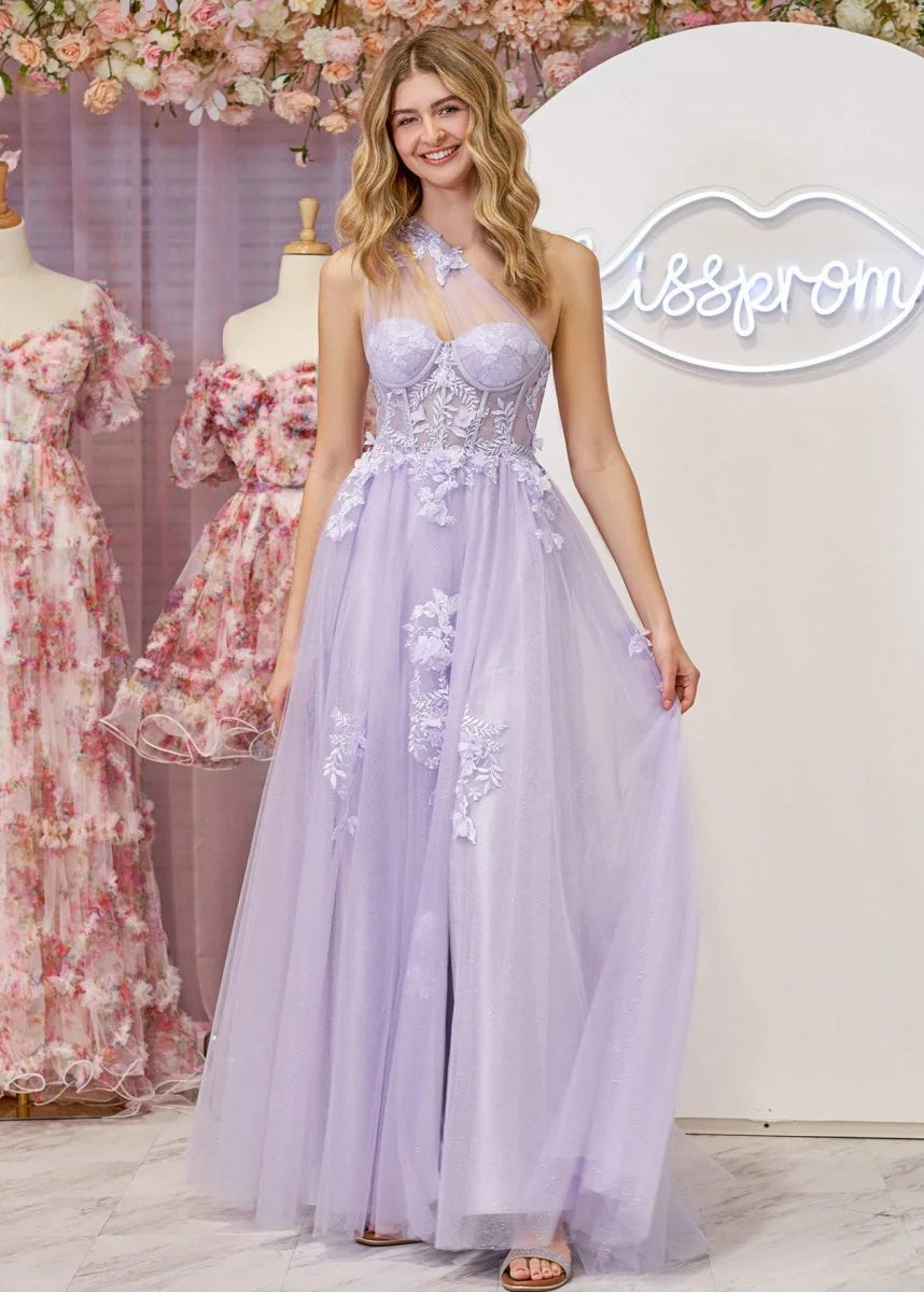 Lavender One Shoulder 3D Flower Applique Lace Up Back Tulle Maxi Evening Dresses