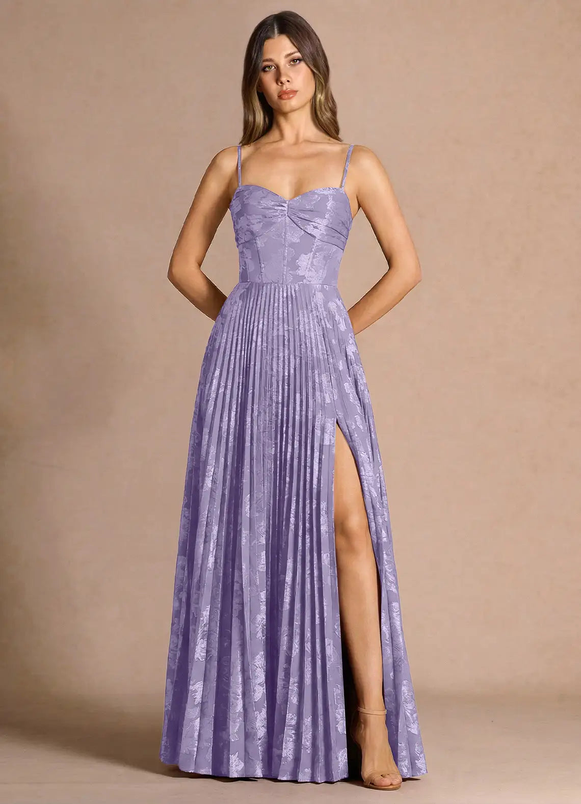 Lavender Pleated Jacquard Evening Dresses