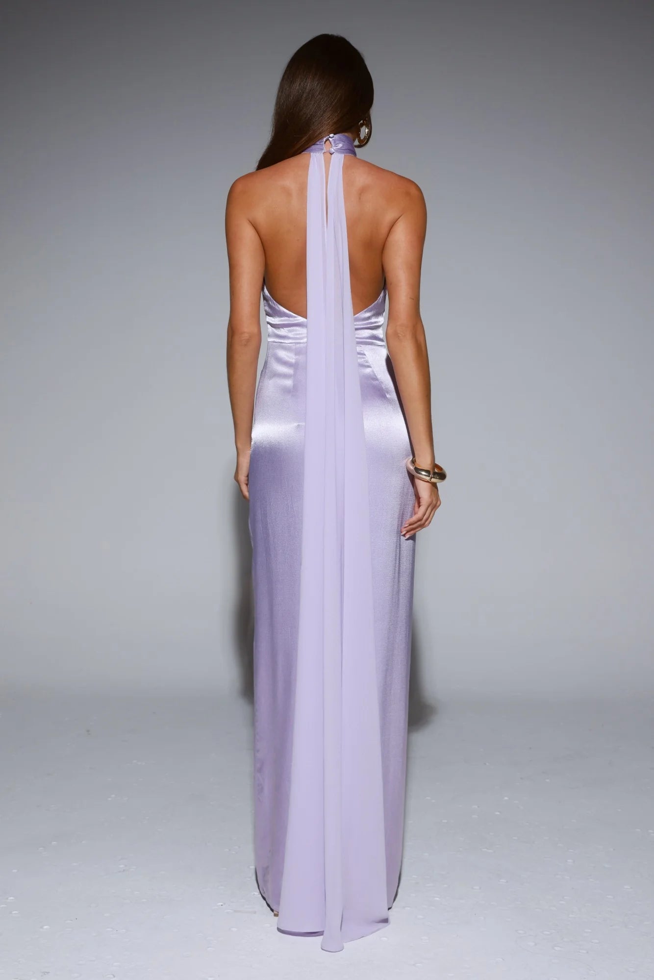 Lavender Satin Halter Open Back Maxi Evening Dresses
