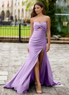 Lavender Satin Strapless Cut Out High Slit Mermaid Maxi Evening Dresses