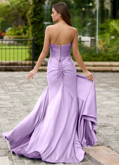 Lavender Satin Strapless Cut Out High Slit Mermaid Maxi Evening Dresses