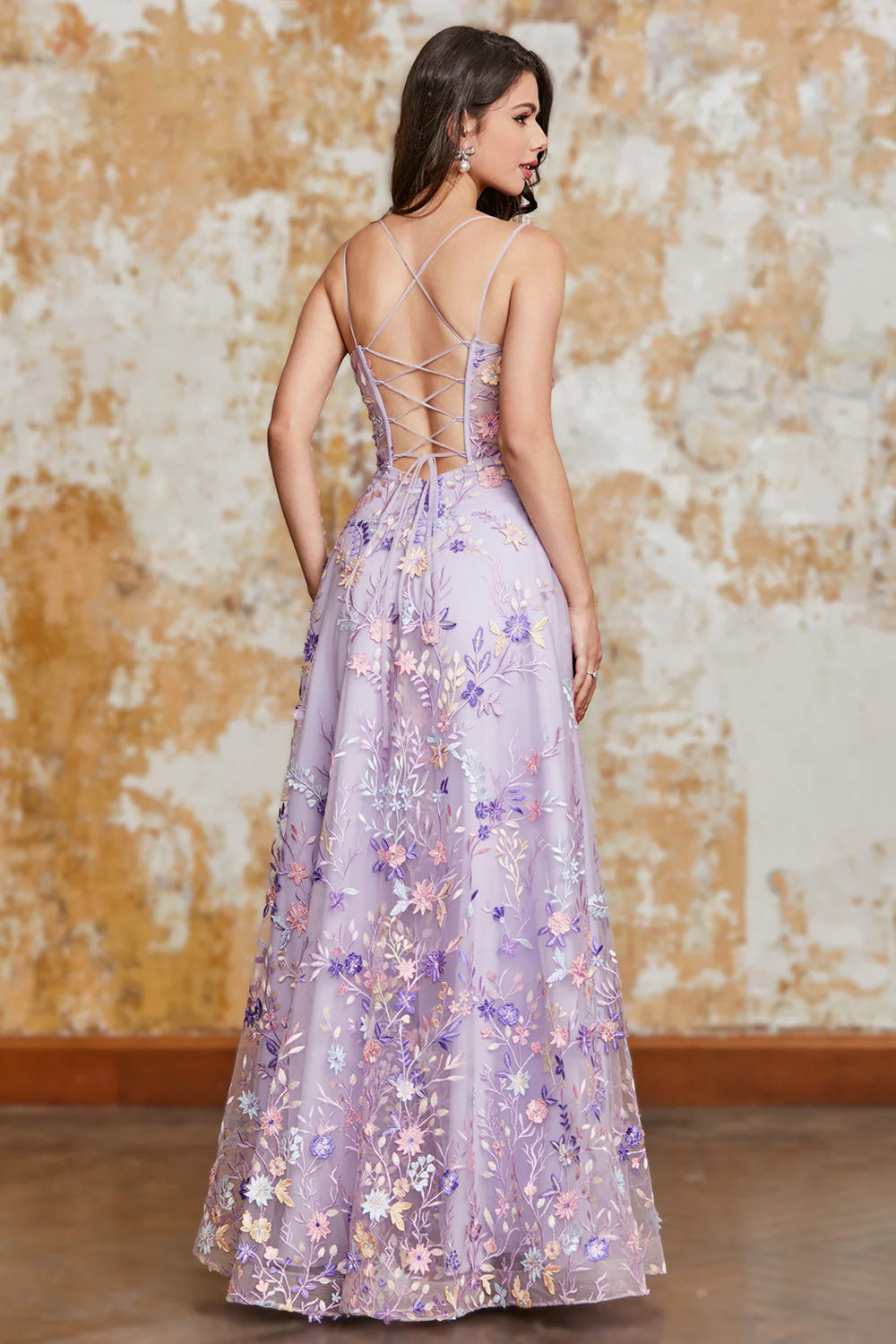 Lavender Spaghetti Strap 3D Floral Lace-Up Prom Dresses