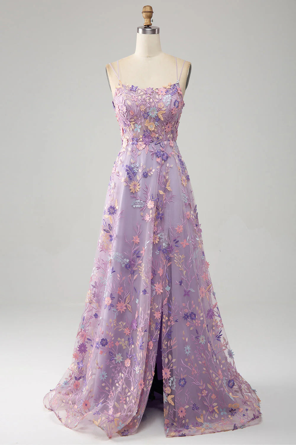 Lavender Spaghetti Strap 3D Floral Lace-Up Prom Dresses