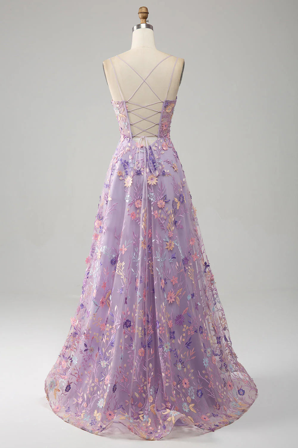 Lavender Spaghetti Strap 3D Floral Lace-Up Prom Dresses