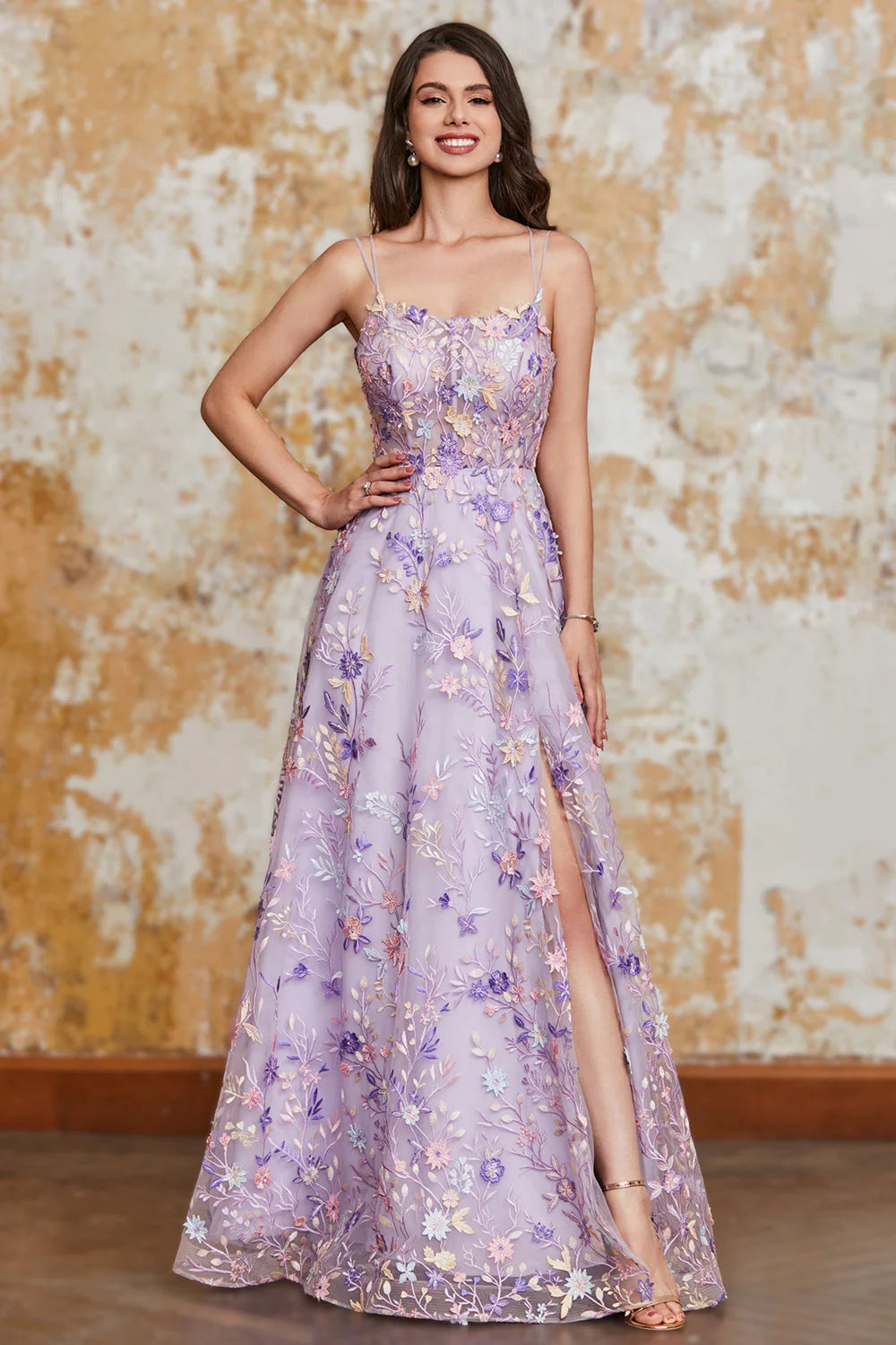 Lavender Spaghetti Strap 3D Floral Lace-Up Prom Dresses