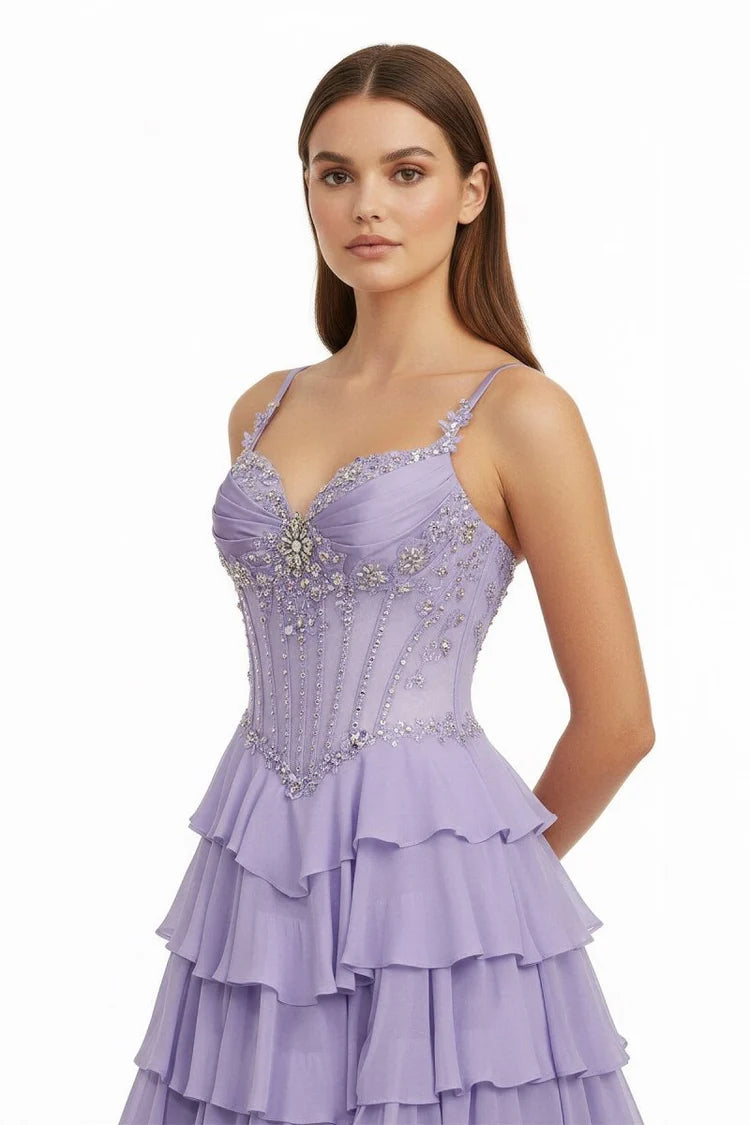 Lavender Spaghetti Strap Beaded Tiered Evening Dresses