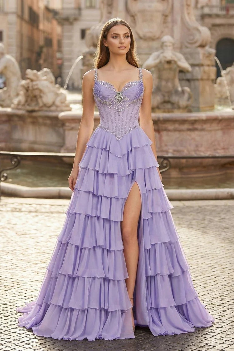 Lavender Spaghetti Strap Beaded Tiered Evening Dresses