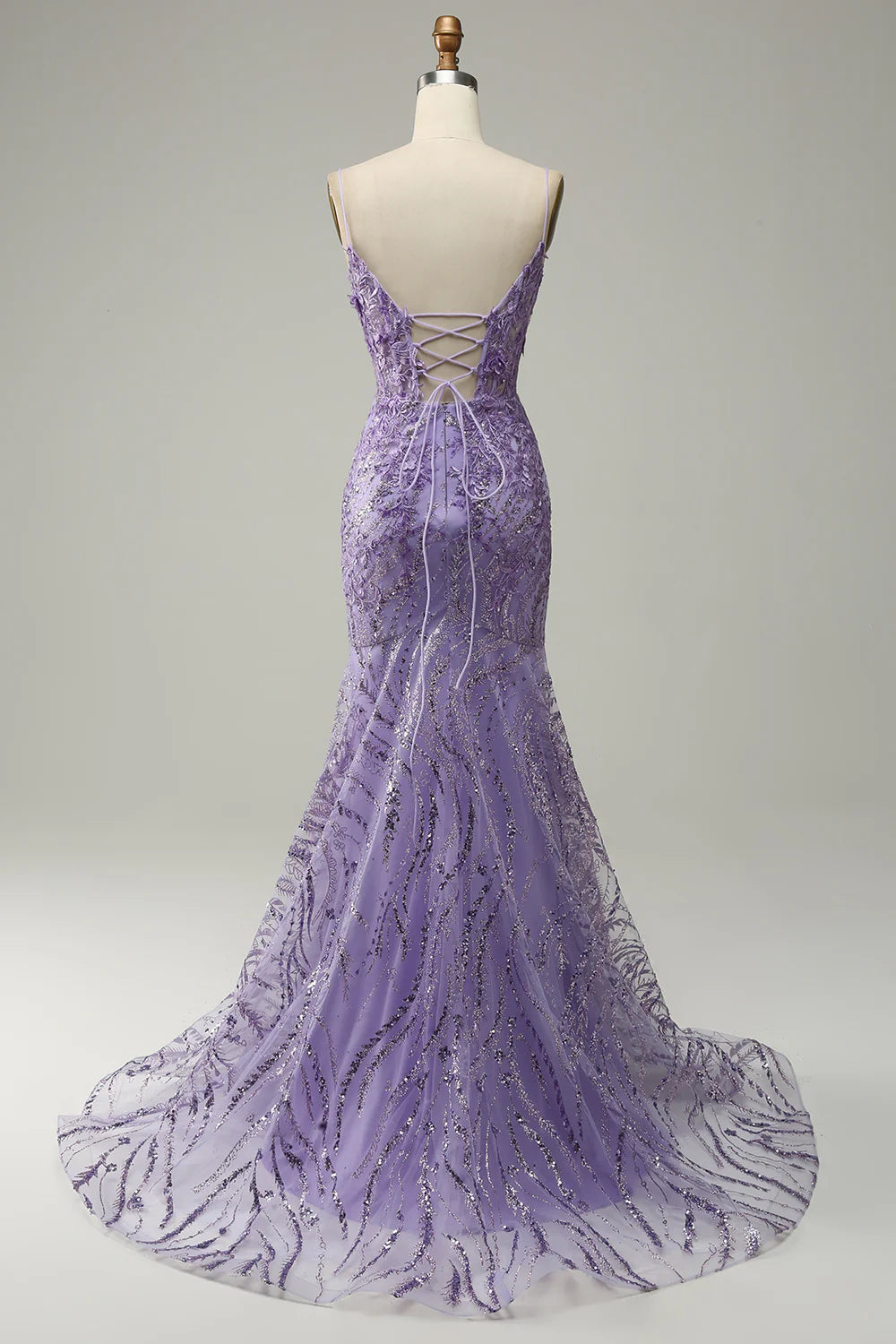 Lavender Spaghetti Strap Floral Lace-Up Mermaid Evening Dresses