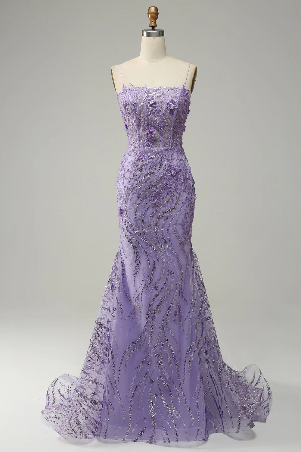 Lavender Spaghetti Strap Floral Lace-Up Mermaid Evening Dresses