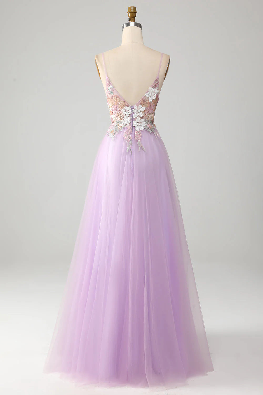 Lavender Spaghetti Strap Floral Lace Tulle A-Line Evening Dress