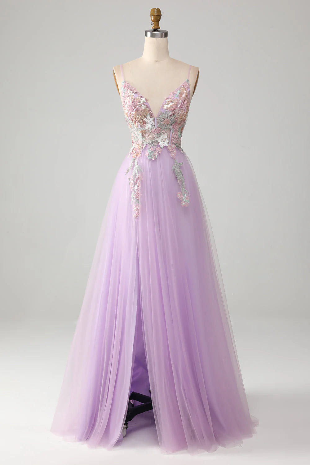 Lavender Spaghetti Strap Floral Lace Tulle A-Line Evening Dress