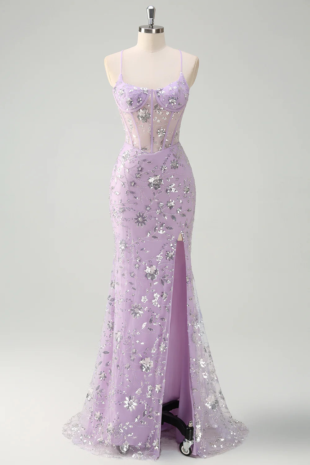 Lavender Spaghetti Strap Sequin Floral Corset Mermaid with Lace-Up Back Evening Dress