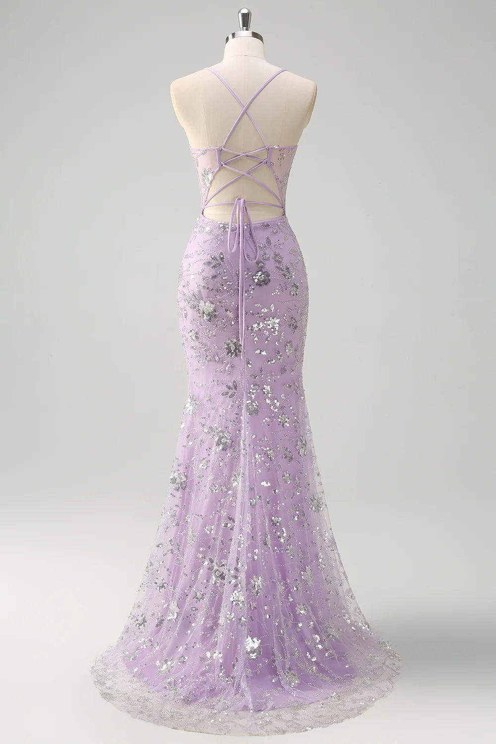 Lavender Spaghetti Strap Sequin Floral Corset Mermaid with Lace-Up Back Evening Dress