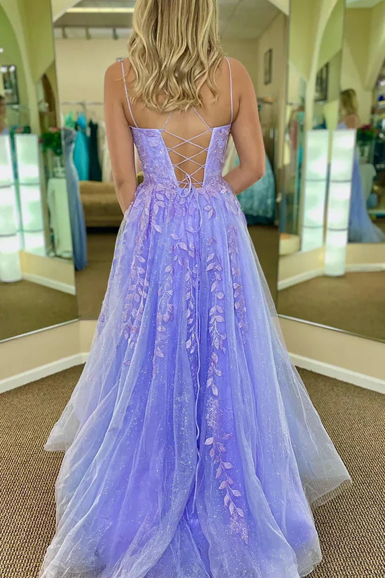 Lavender Spaghetti Strap Tulle Prom Dress with Floral Lace AppliquÃ© and Lace-Up Back
