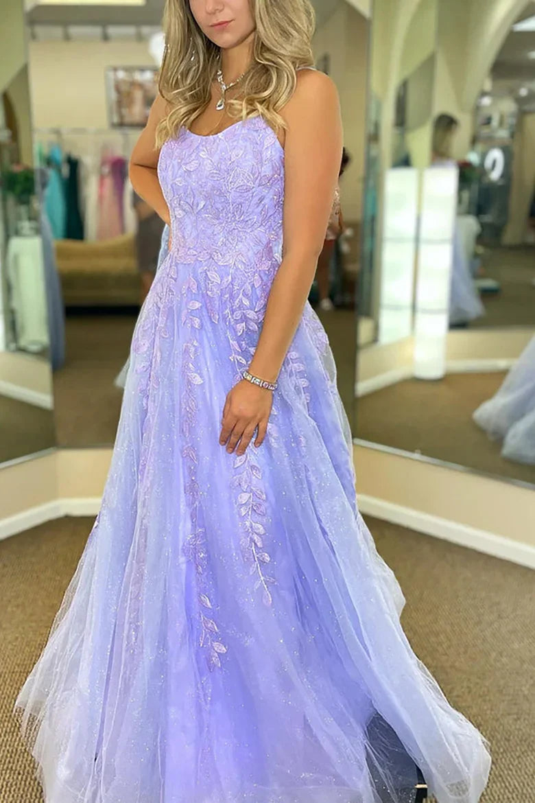 Lavender Spaghetti Strap Tulle Prom Dress with Floral Lace AppliquÃ© and Lace-Up Back