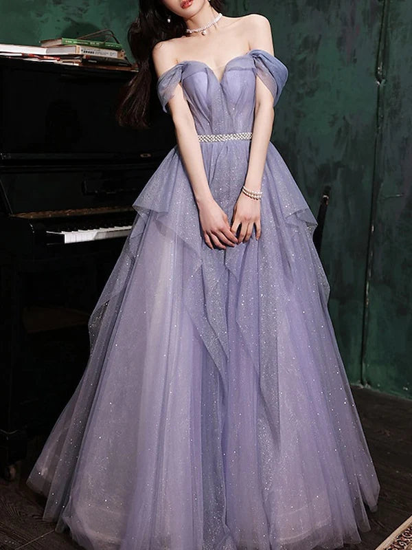 Lavender Sparkle Tulle Ball Gown Prom Dress with Sweetheart Neckline, Detachable Tulle Straps, Crystal Waistband & Lace-Up Back