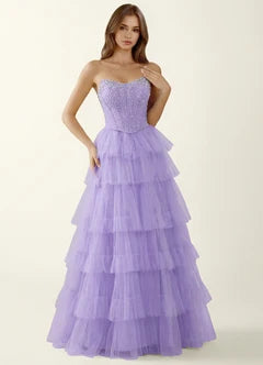Lavender Strapless Beaded Corset Tiered Tulle Maxi Evening Dresses