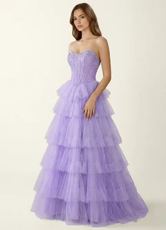 Lavender Strapless Beaded Corset Tiered Tulle Maxi Evening Dresses