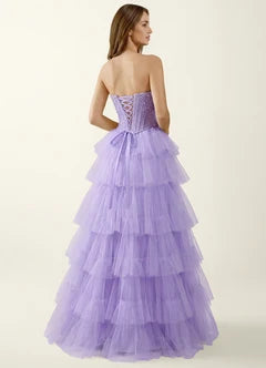 Lavender Strapless Beaded Corset Tiered Tulle Maxi Evening Dresses