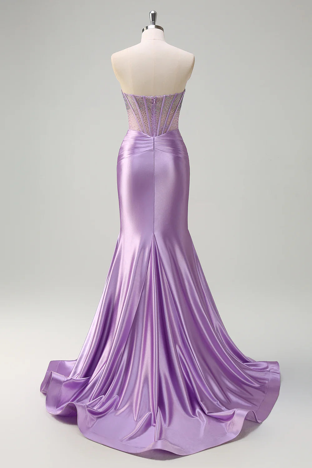 Lavender Strapless Sheer Corset Rhinestone Satin Mermaid Evening Dresses