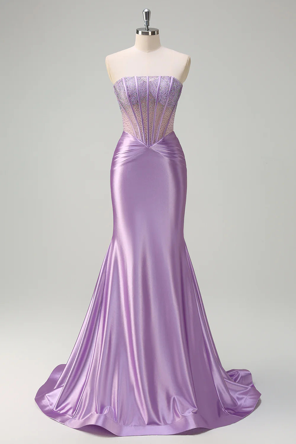 Lavender Strapless Sheer Corset Rhinestone Satin Mermaid Evening Dresses