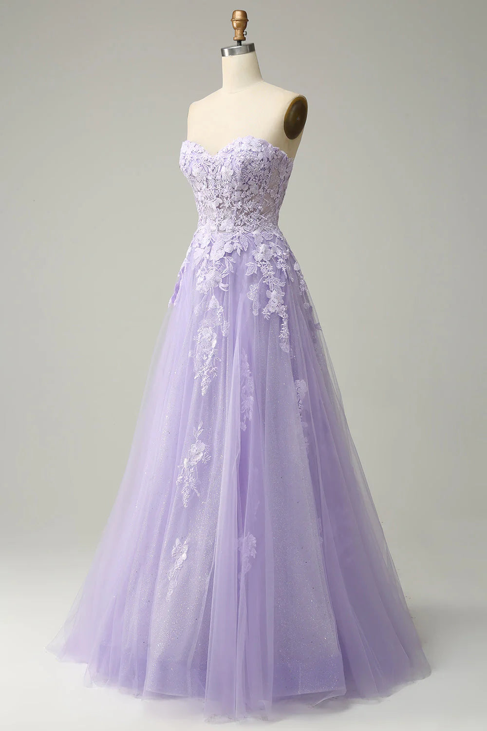 Lavender Sweetheart Neck 3D Floral Applique Lace-Up Back Glitter Tulle A-Line Maxi Evening Dresses