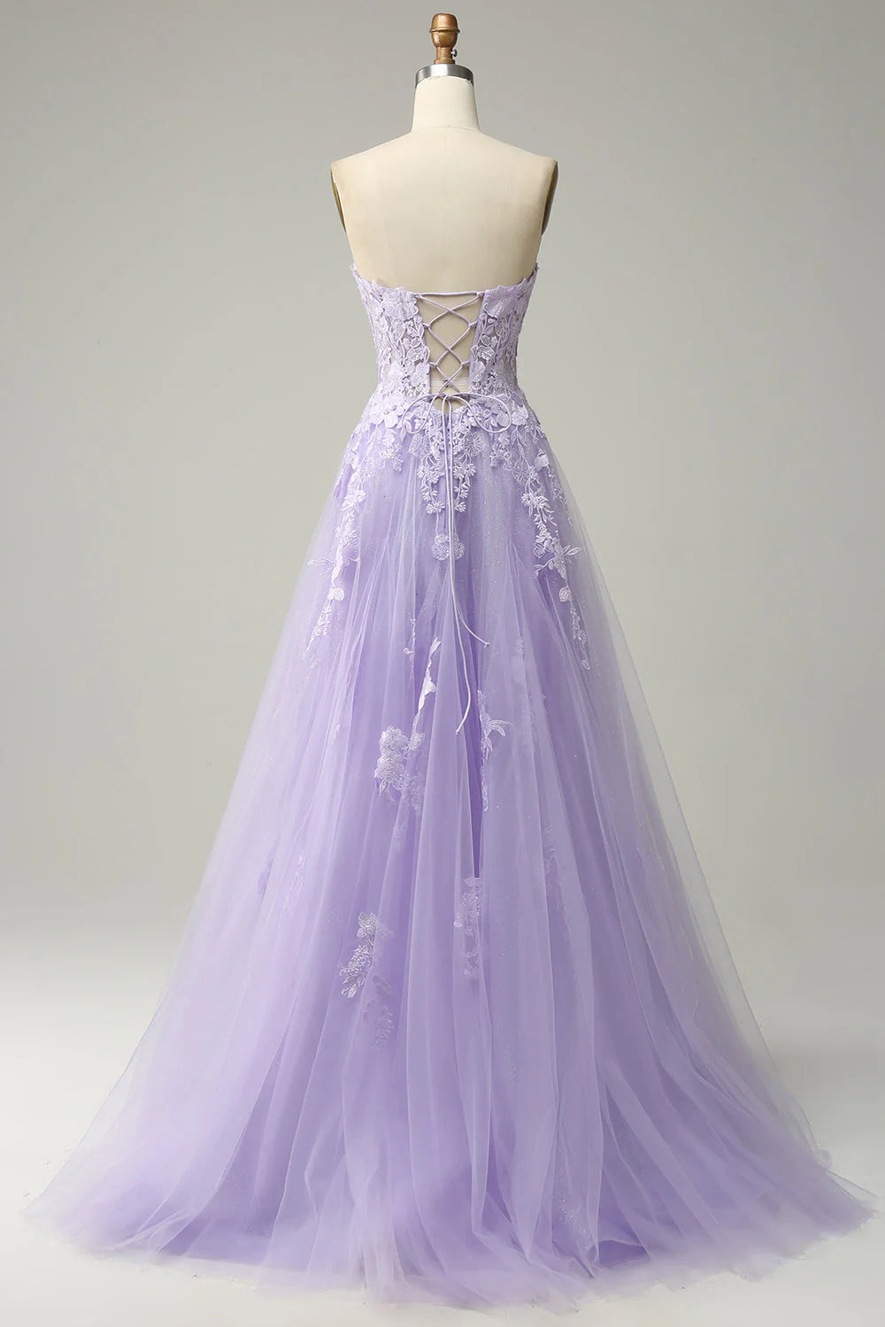 Lavender Sweetheart Neck 3D Floral Applique Lace-Up Back Glitter Tulle A-Line Maxi Evening Dresses