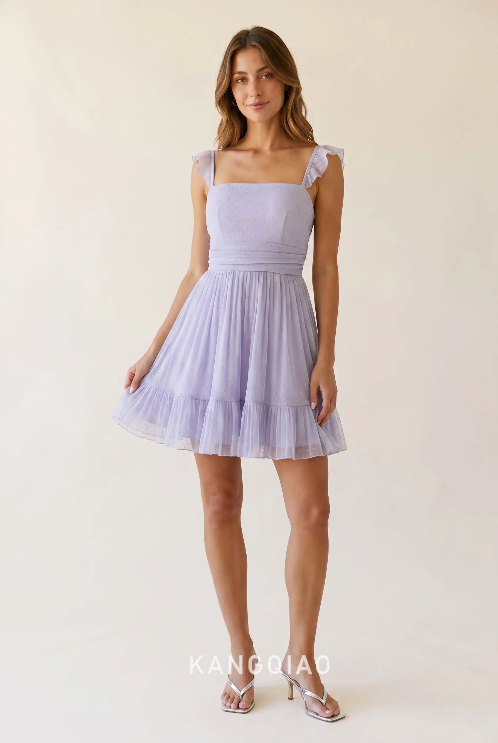 Lavender Swiss Dot Tulle Square Neck Ruffled Straps Tie Back Ruched Waist A Line Mini Homecoming Dress