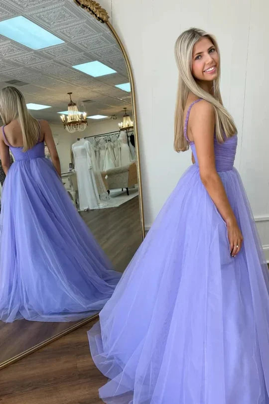 Lavender Tulle Ball Gown Prom Dress with Beaded Straps & Open Back